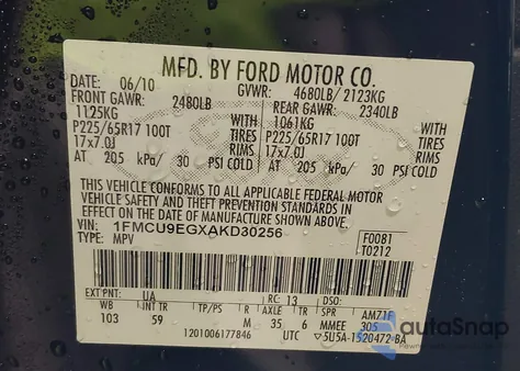 2010 Ford Escape Limited from USA, damaged, VIN 1FMCU9EGXAKD30256